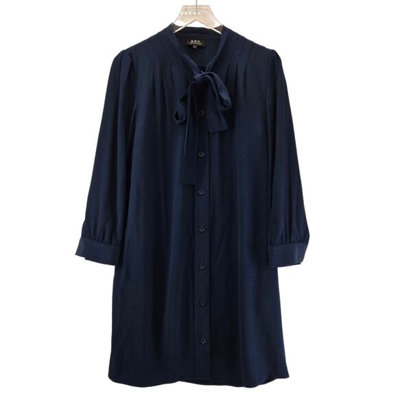 APC Shirt Dress Womens Large Tie Neck Marine Blue French Designer Minimalist - Picture 4 of 13